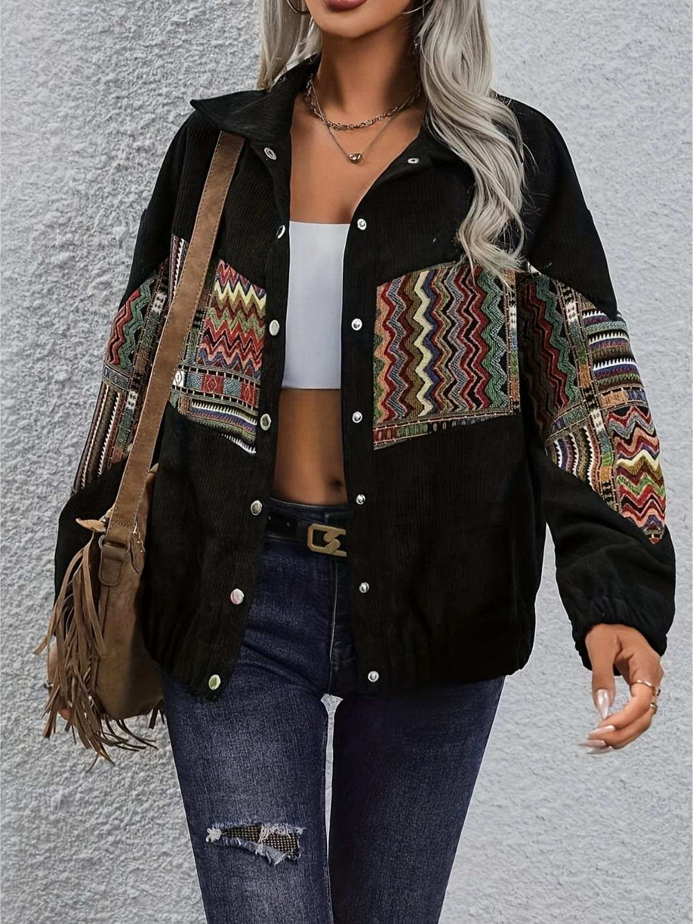 Embroidered Collared Neck Snap Down Jacket - Trendsi - Flyclothing LLC
