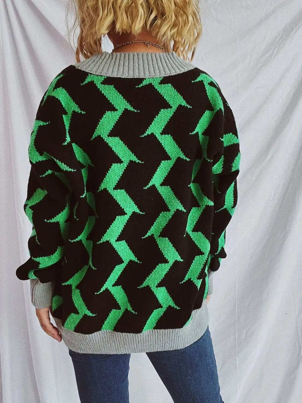 Contrast Trim Geometric V-Neck Long Sleeve Cardigan - Trendsi - Flyclothing LLC