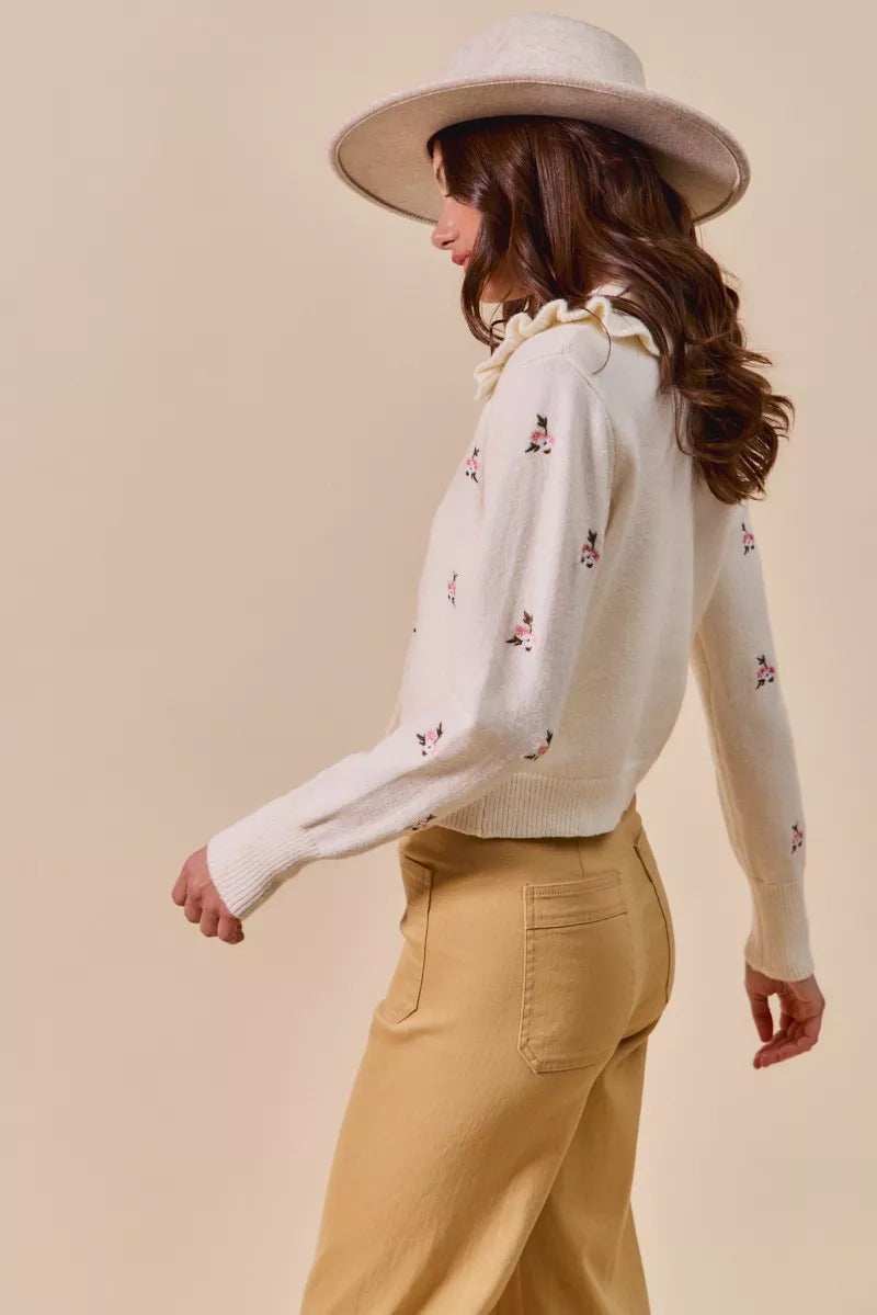 SO ME Collared Floral Embroidered Button Down Sweater Cardigan - Trendsi - Flyclothing LLC