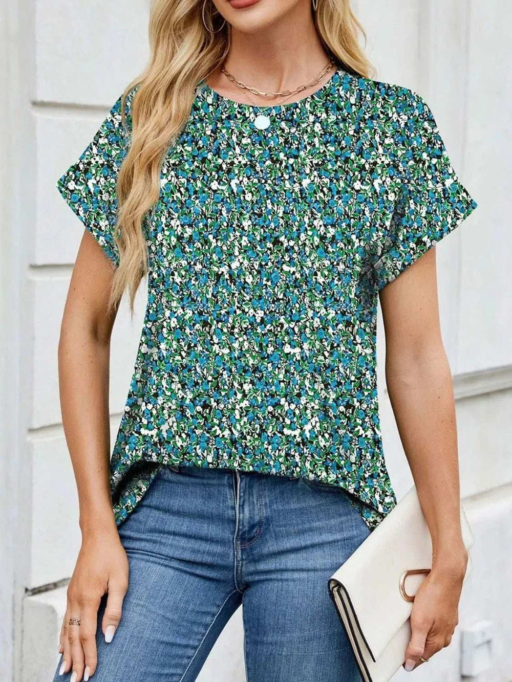 Printed Round Neck Short Sleeve Top - Trendsi - Flyclothing LLC