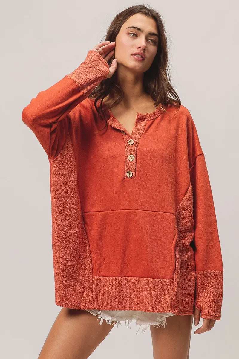 BiBi French Terry Knit Side Block Buttoned Henley Top - Trendsi - Flyclothing LLC