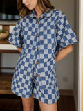 Checkered Button Up Half Sleeve Top and Shorts Set - Trendsi - Flyclothing LLC