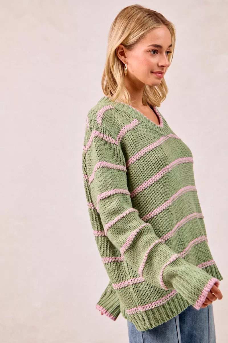 BiBi Striped Long Sleeve Sweater - Trendsi - Flyclothing LLC