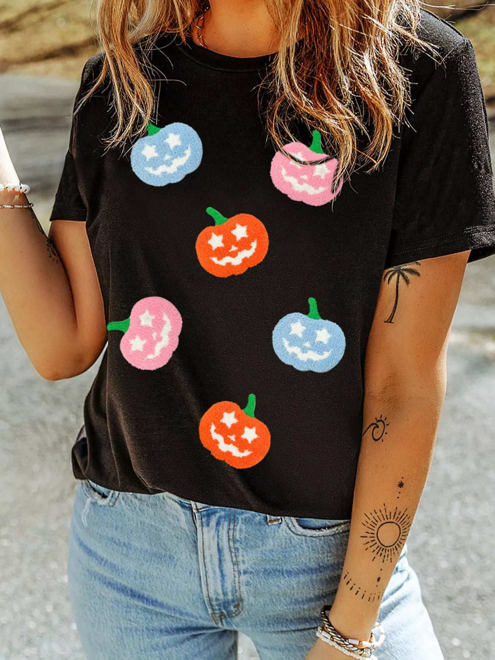 Chenille Pumpkin Patched Playful Halloween T Shirt - Trendsi - Flyclothing LLC
