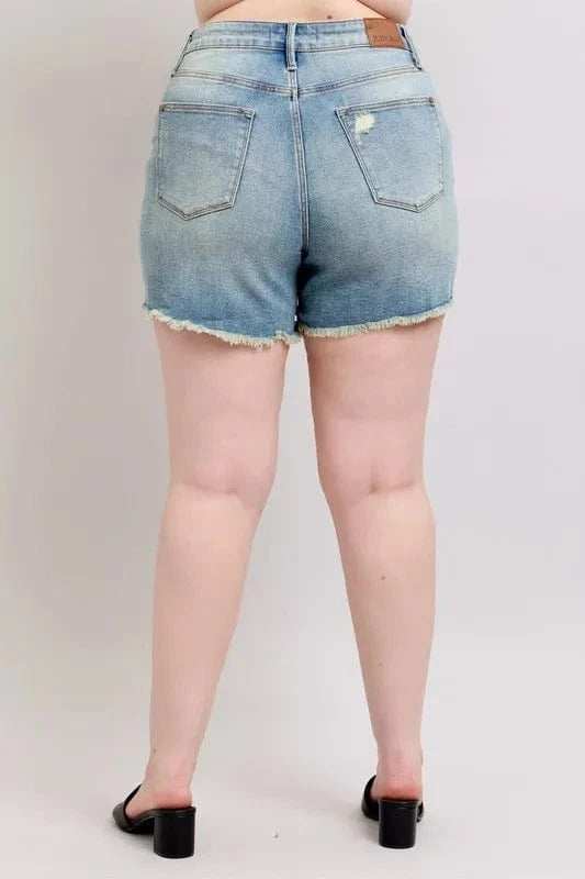 Judy Blue Full Size High Rise Washed Fly Stitch Detail and Destroy Denim Shorts Plus Size - Trendsi - Flyclothing LLC