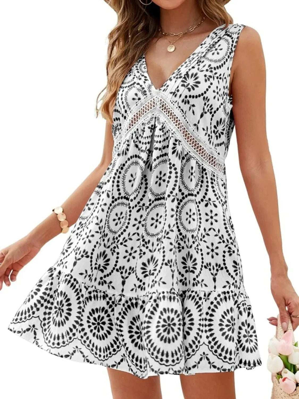 Printed V-Neck Sleeveless Mini Dress - Trendsi - Flyclothing LLC