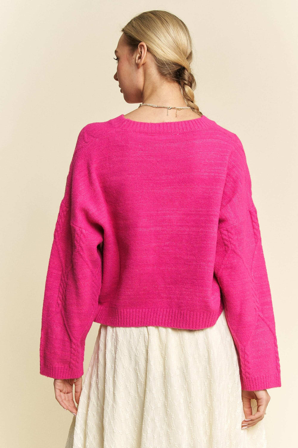 Davi & Dani Diamond Cable Pattern Drop Shoulder Sweater - Trendsi - Flyclothing LLC