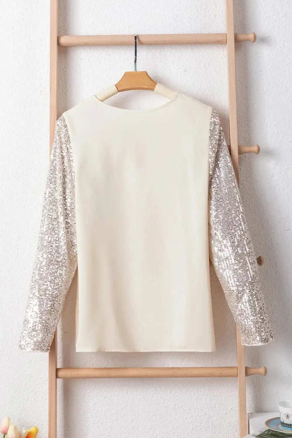Sequin V-Neck Long Sleeve Blouse - Trendsi - Flyclothing LLC