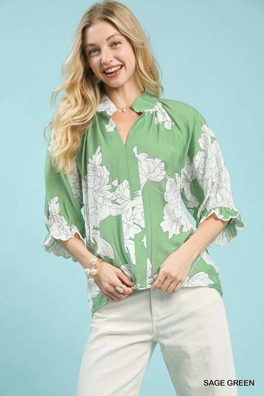 Umgee Peony Illustration Print Flounce Sleeve Blouse - Trendsi - Flyclothing LLC