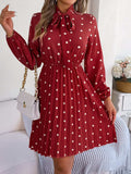 Polka Dot Tie Neck Pleated Dress - Trendsi - Flyclothing LLC