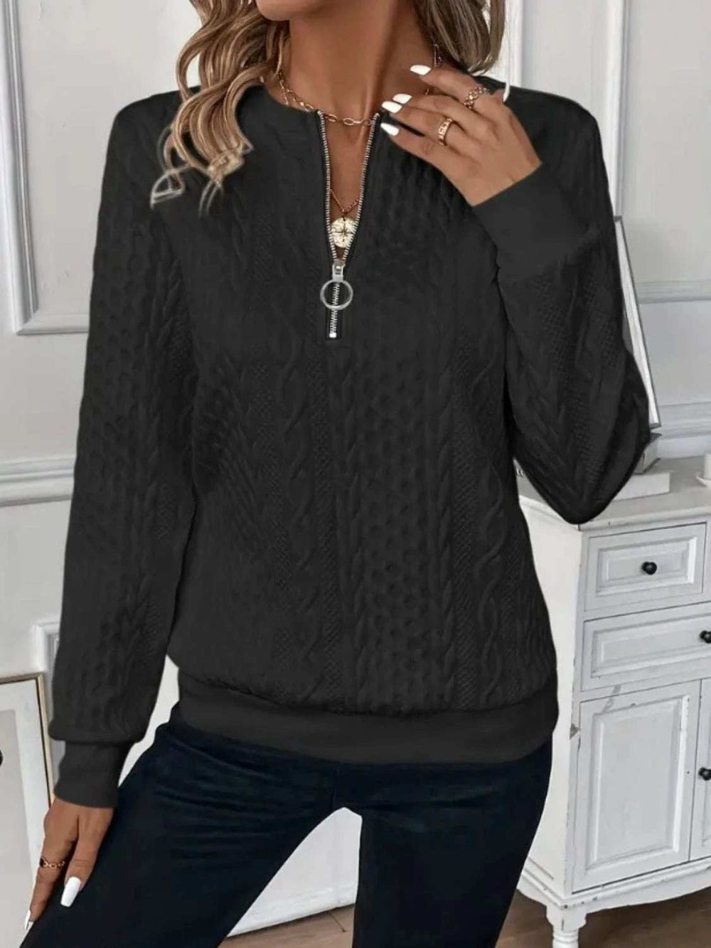 Texture Half Zip Long Sleeve Sweatshirt - Trendsi - Flyclothing LLC