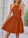 Pleated Tie Waist Sleeveless Mini Dress - Trendsi - Flyclothing LLC