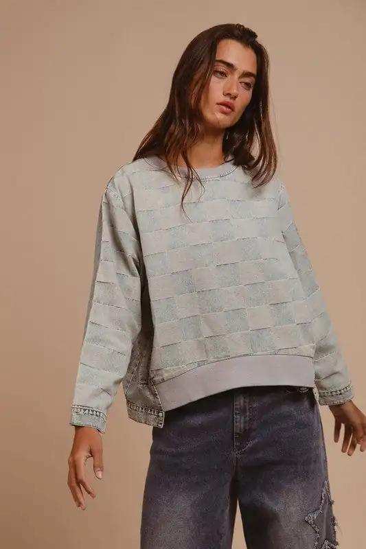 BiBi Mineral Washed Checkered Round Neck Denim Top - Trendsi - Flyclothing LLC