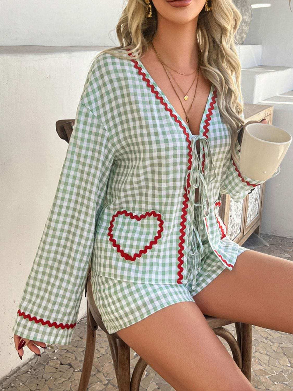 Devine Tie Front Contrast Plaid Shirt and Shorts Set - Trendsi - Flyclothing LLC