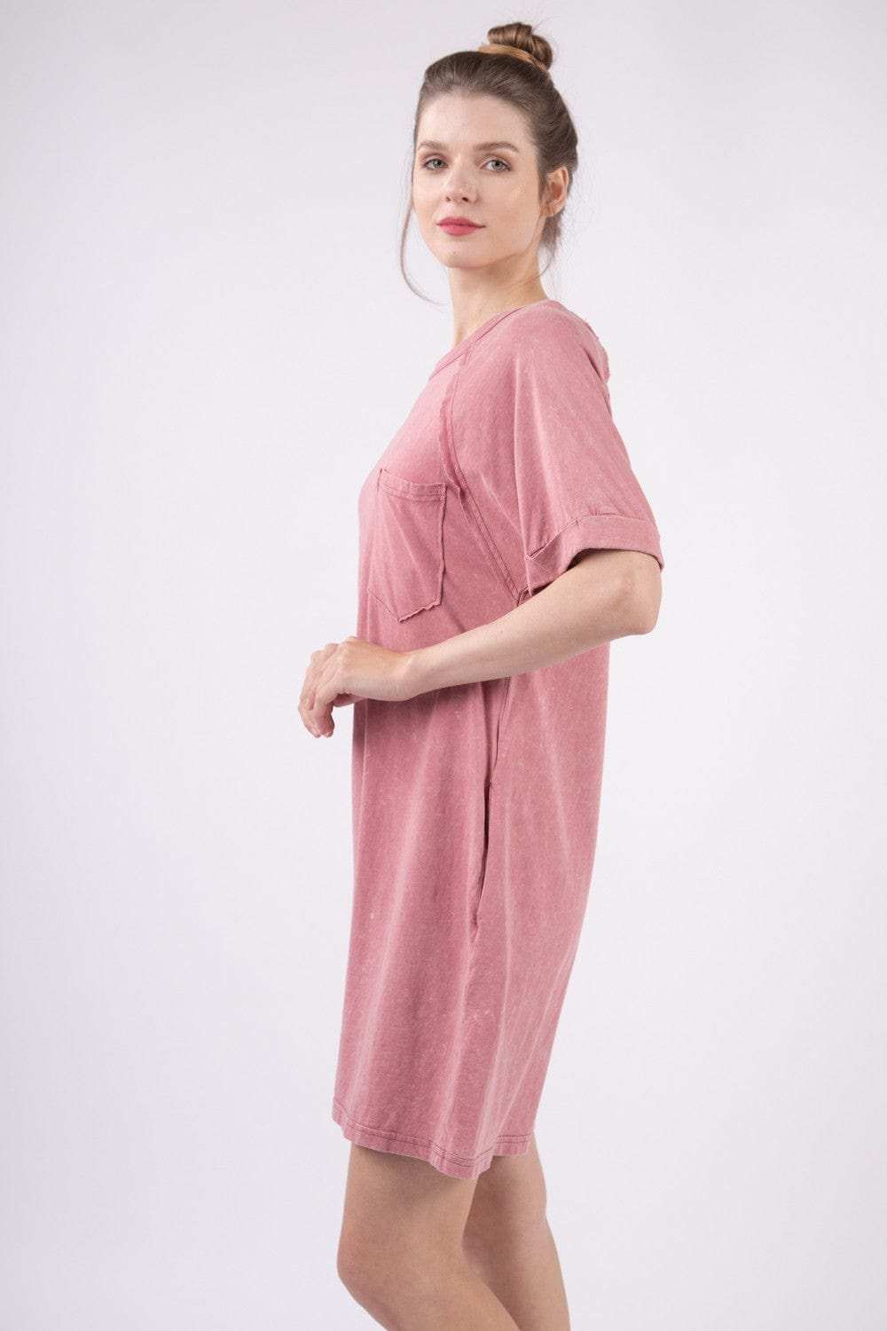 VERY J Washed Round Neck Mini Tee Dress - Trendsi - Flyclothing LLC
