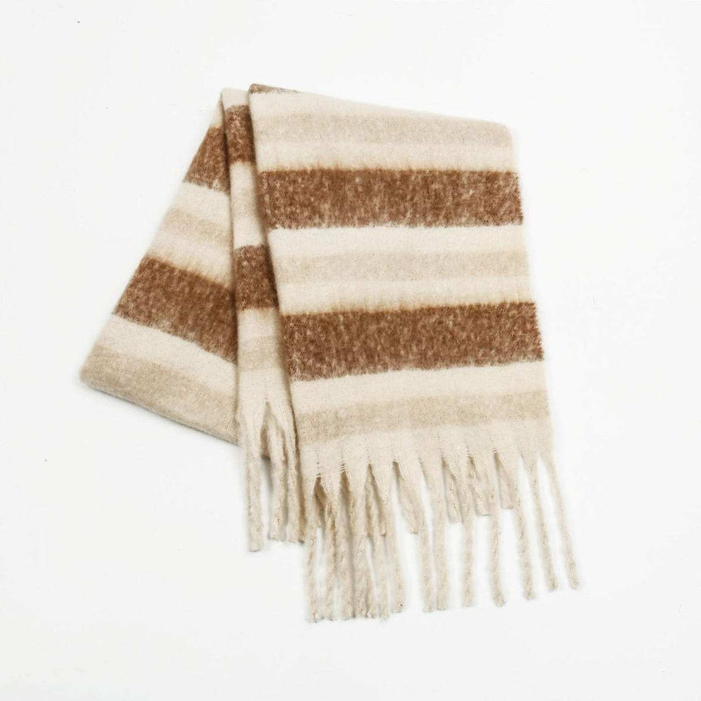 Fringe Contrast Striped Polyester Scarf - Trendsi - Flyclothing LLC