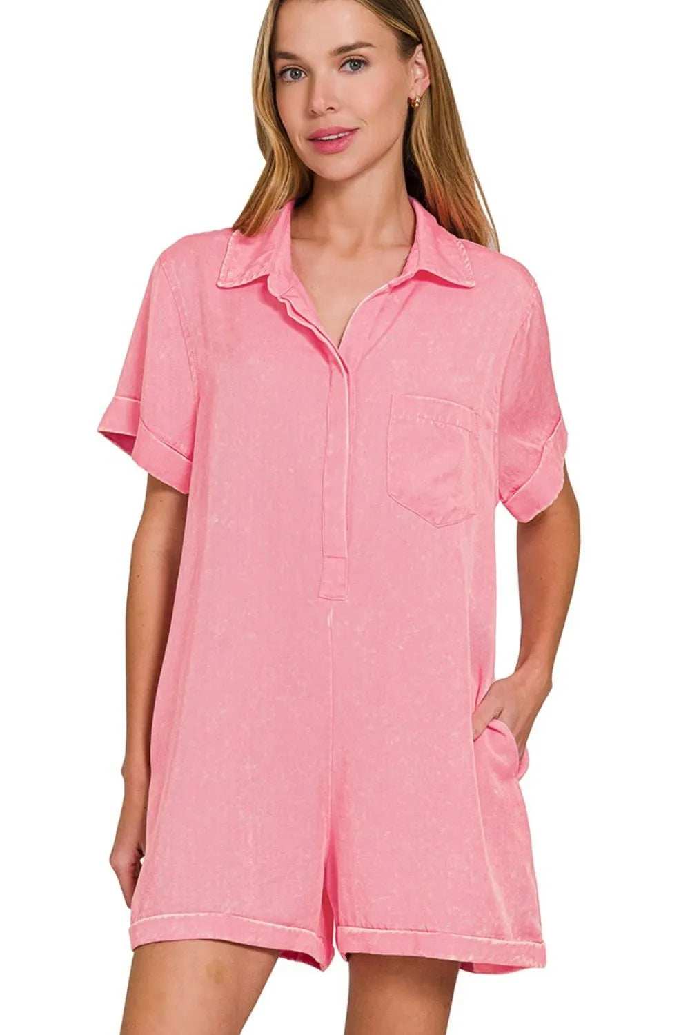 Zenana Tencel Mineral Washed Half Button Shirts Romper - Trendsi - Flyclothing LLC