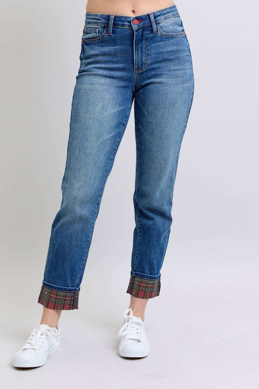 Judy Blue Full Size Plaid Print Cuff Straight Leg Jeans with Pockets - Trendsi - Flyclothing LLC