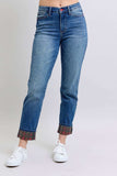 Judy Blue Full Size Plaid Print Cuff Straight Leg Jeans with Pockets - Trendsi - Flyclothing LLC