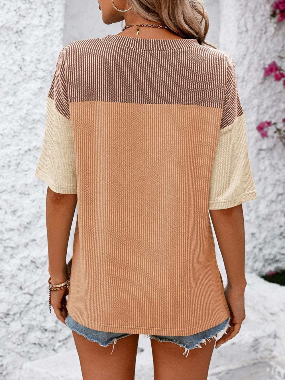 Color Block Round Neck Half Sleeve T-Shirt - Trendsi - Flyclothing LLC