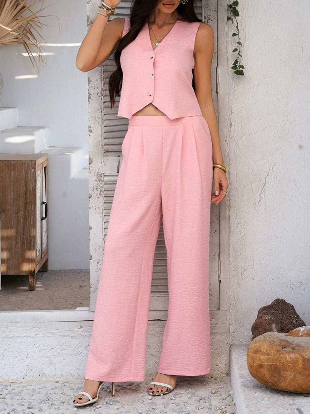Devine Button Down Vest and Wide Leg Pants Set - Trendsi - Flyclothing LLC