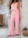 Devine Button Down Vest and Wide Leg Pants Set - Trendsi - Flyclothing LLC