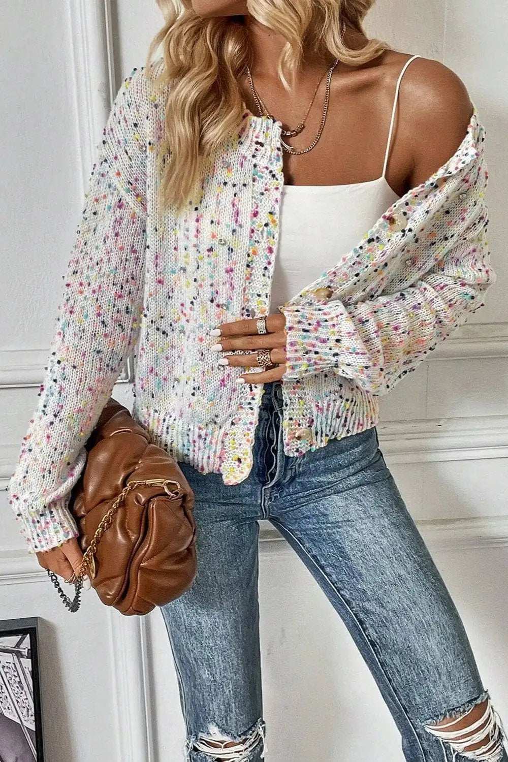 Confetti Button Up Long Sleeve Cardigan - Trendsi - Flyclothing LLC