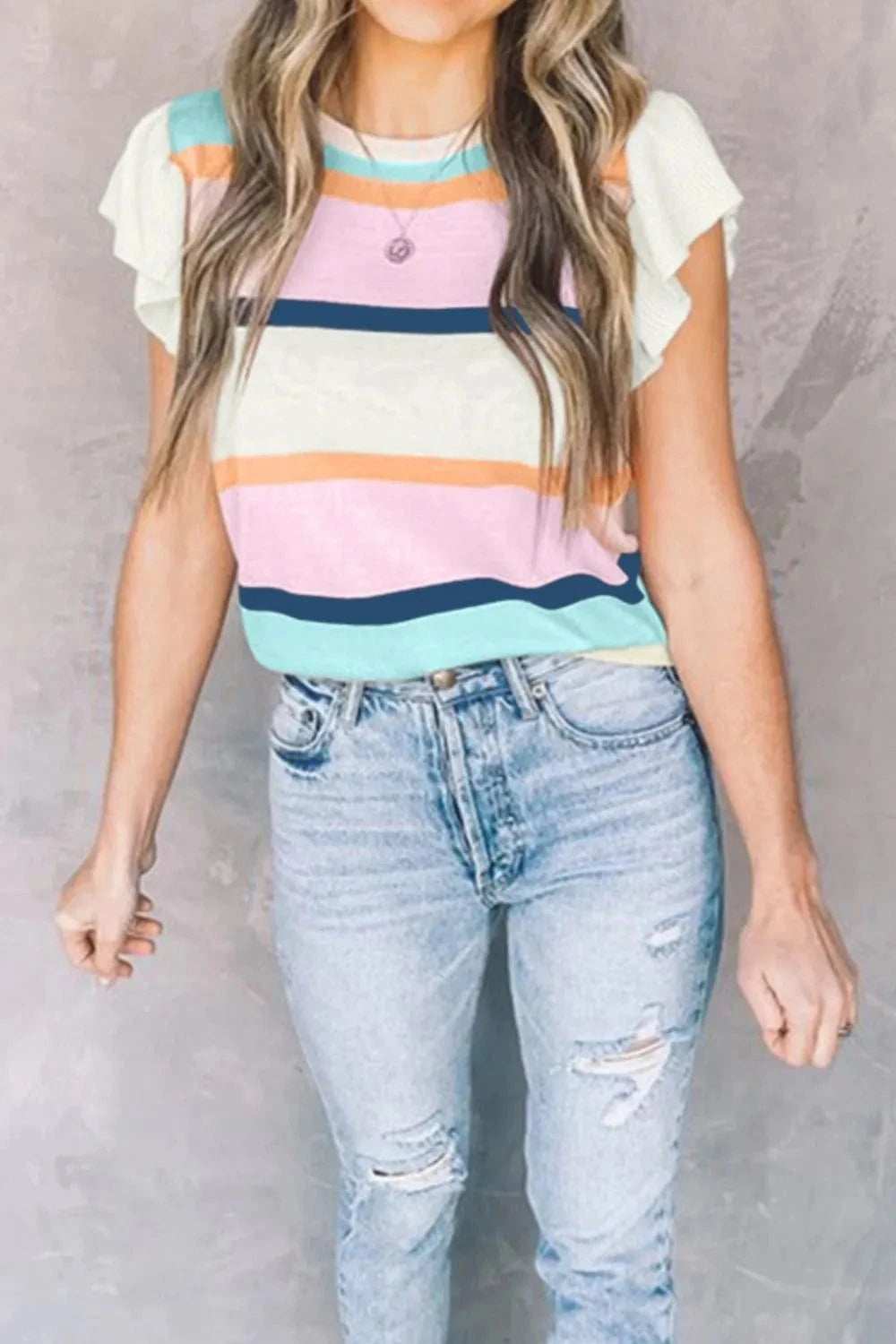 Color Block Round Neck Cap Sleeve Knit Top - Trendsi - Flyclothing LLC