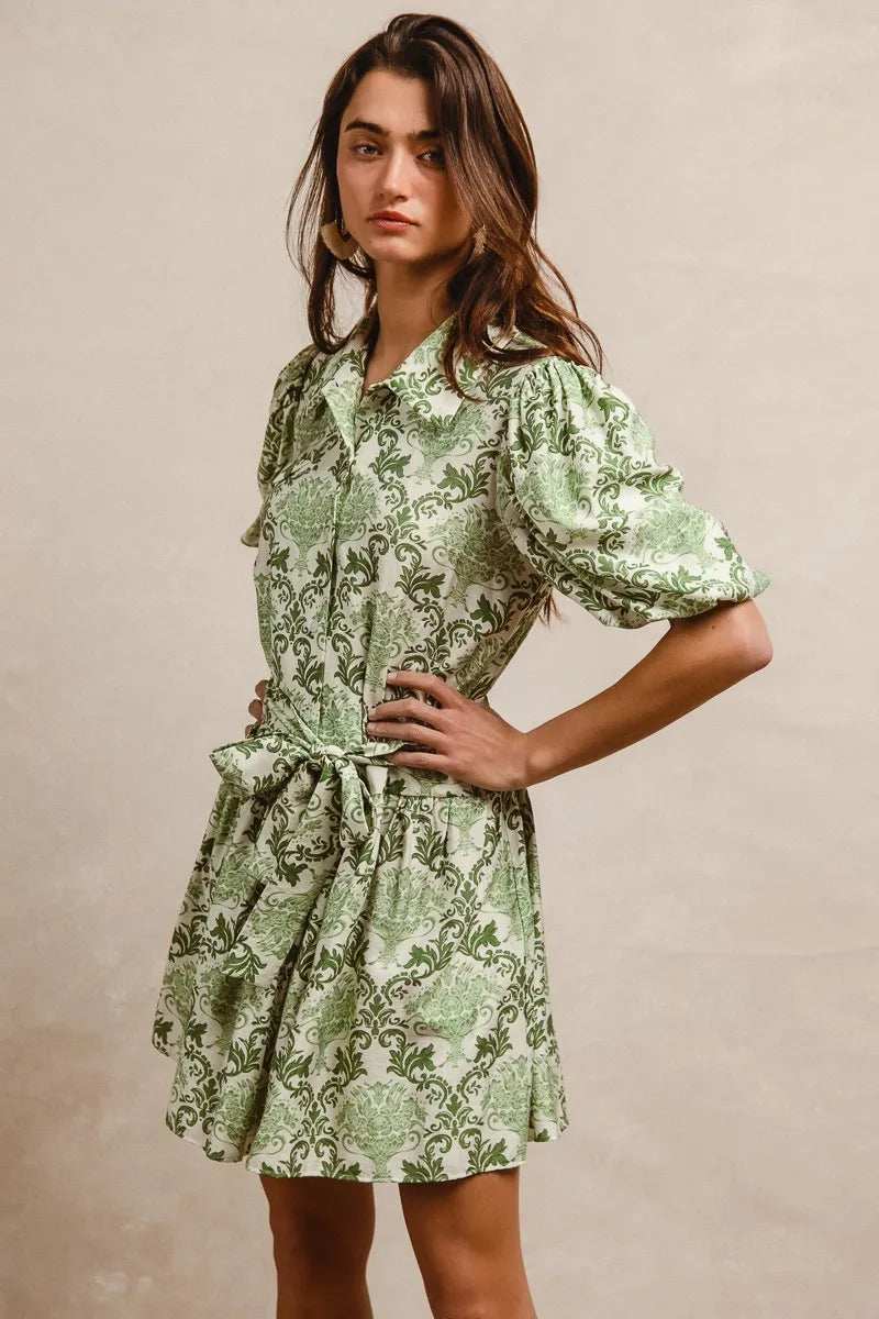 BiBi Tied Floral Short Sleeve Mini Shirt Dress - Trendsi - Flyclothing LLC