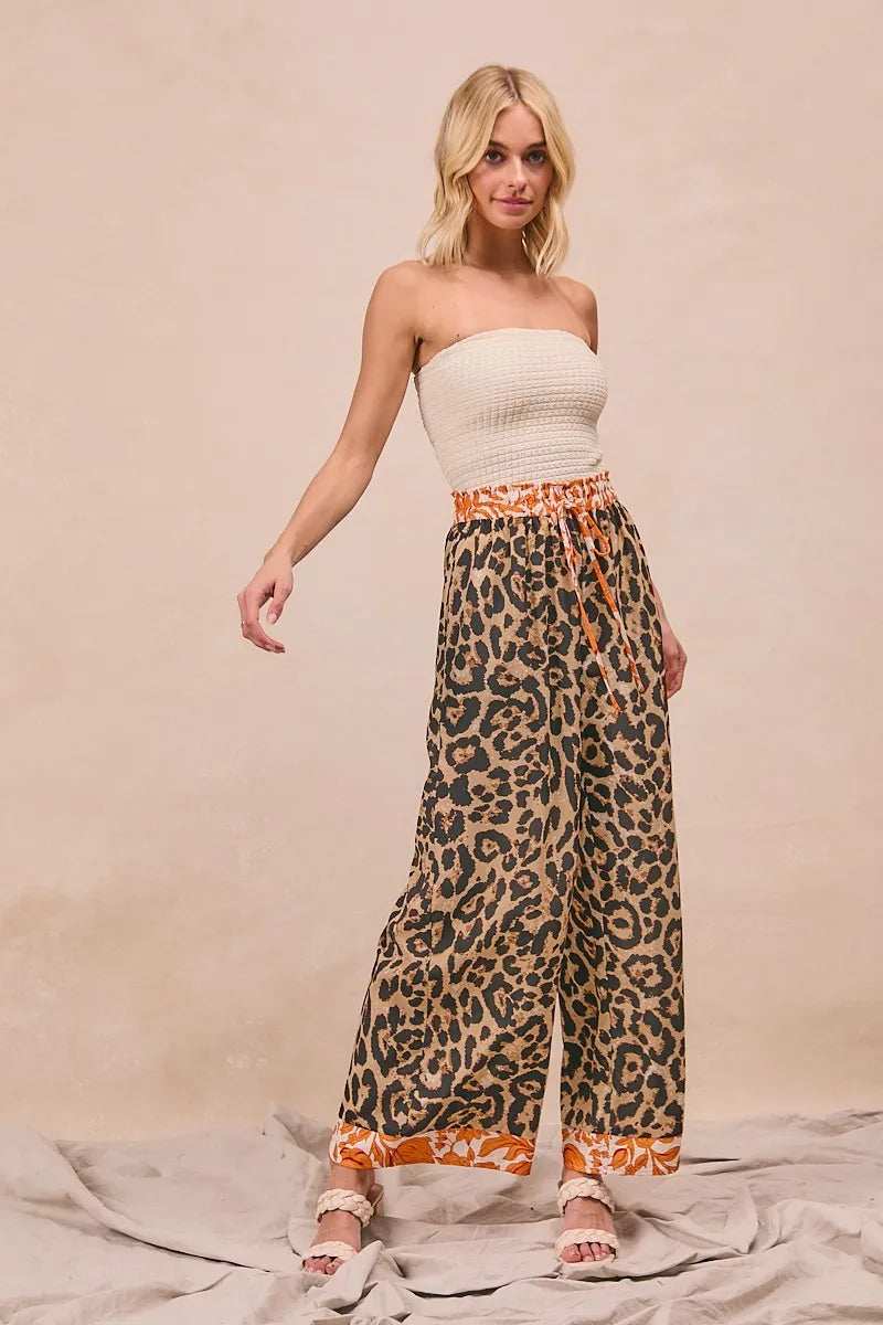 BiBi Leopard Print With Contrast Banded Wide Pants - Trendsi - Flyclothing LLC