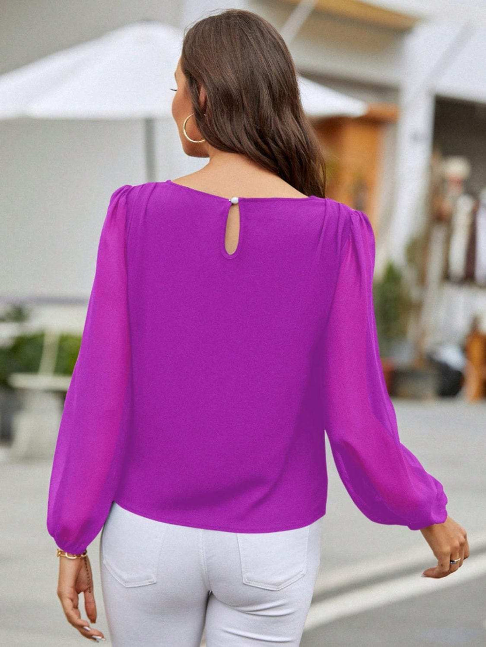 Round Neck Long Sleeve Blouse - Trendsi - Flyclothing LLC