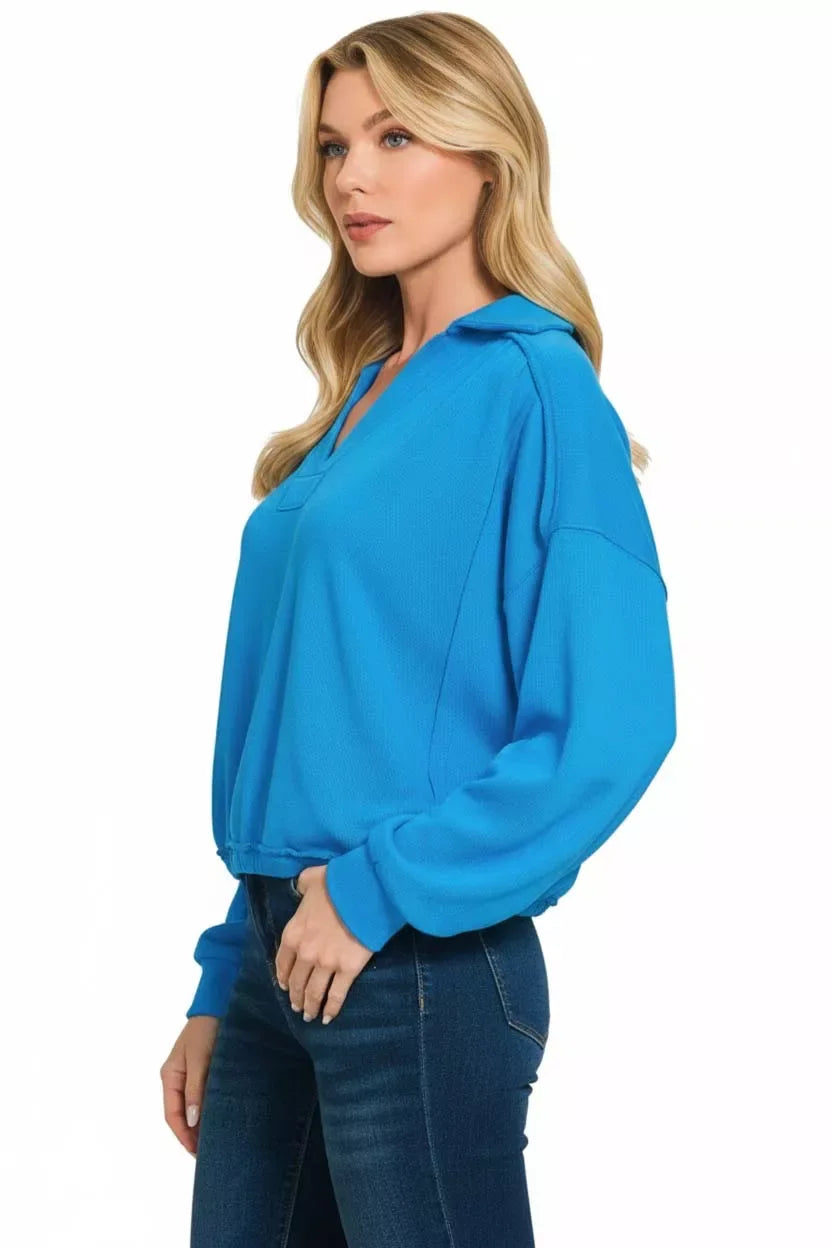 Zenana French Terry Collared Exposed Seam Sweatshirt - Trendsi - Flyclothing LLC
