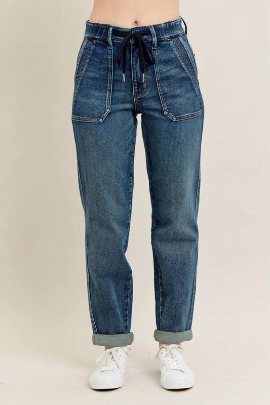 Judy Blue Full Size HW Vintage Wash Jeans w/ Drawstring Plus Size - Trendsi - Flyclothing LLC