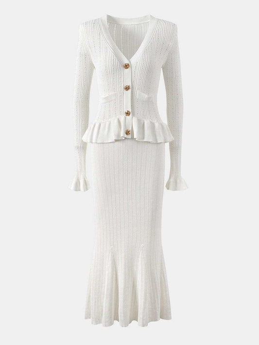 Ruffled V-Neck Top and Midi Skirt Sweater Set - Trendsi - Flyclothing LLC