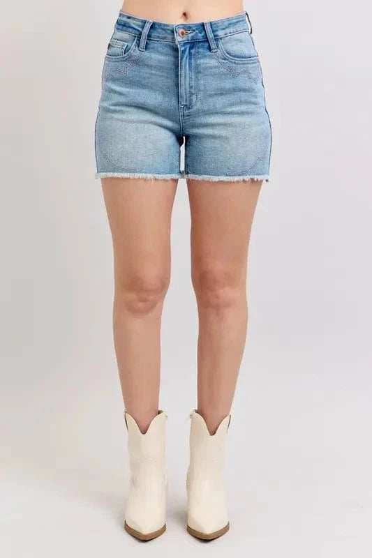 Judy Blue Full Size High Waist Western Embroidery Detail Cut Off Denim Shorts Plus Size - Trendsi - Flyclothing LLC