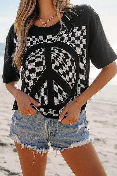 Checkered Peace Sign Round Neck T-Shirt - Trendsi - Flyclothing LLC
