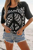 Checkered Peace Sign Round Neck T-Shirt - Trendsi - Flyclothing LLC