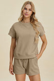 Double Take Full Size Texture Short Sleeve Top and Shorts Set - Trendsi - Flyclothing LLC