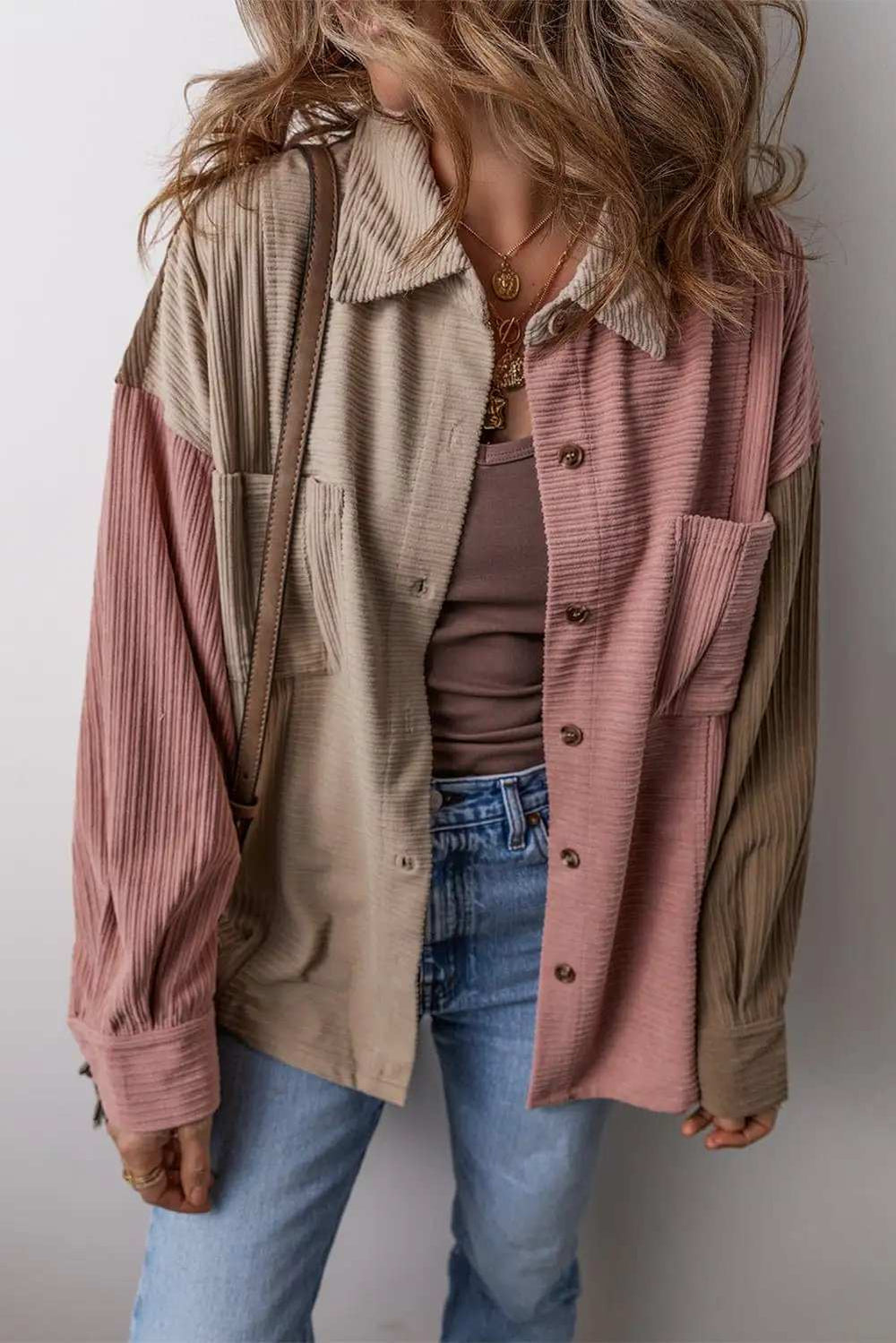 Button Up Color Block Long Sleeve Shacket - Trendsi - Flyclothing LLC