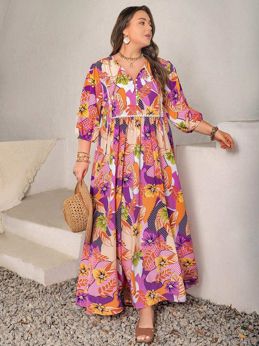 Plus Size Printed Tie Neck Maxi Dress - Trendsi - Flyclothing LLC