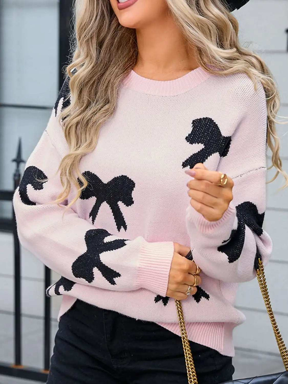 Bow Round Neck Dropped Shoulder Sweater - Trendsi - Flyclothing LLC