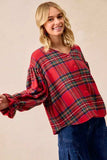 BiBi Christmas Plaid V-Neck Flounce Sleeve Jacket - Trendsi - Flyclothing LLC