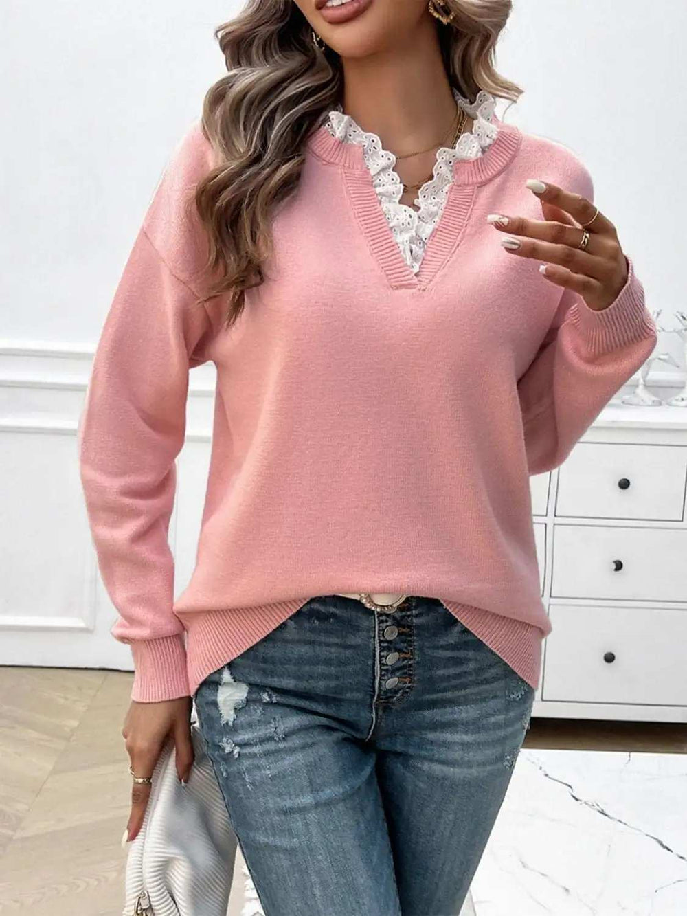 Lace Detail Notched Long Sleeve Sweater - Trendsi - Flyclothing LLC