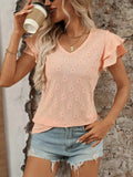 Eyelet V-Neck Ruffled Cap Sleeve Top - Trendsi - Flyclothing LLC