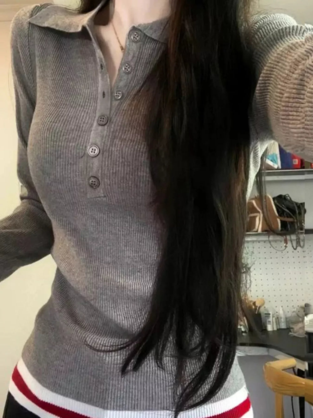 Slim Fit Ribbed Button Detail Knit Top - Trendsi - Flyclothing LLC