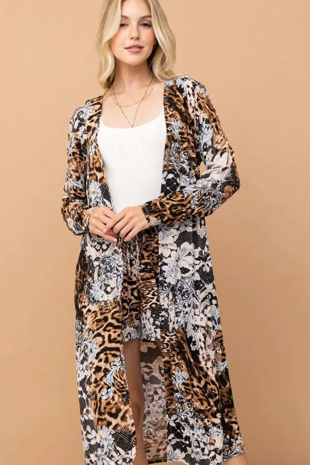 And The Why Leopard Kimono Open Front Longline Cardigan - Trendsi - Flyclothing LLC