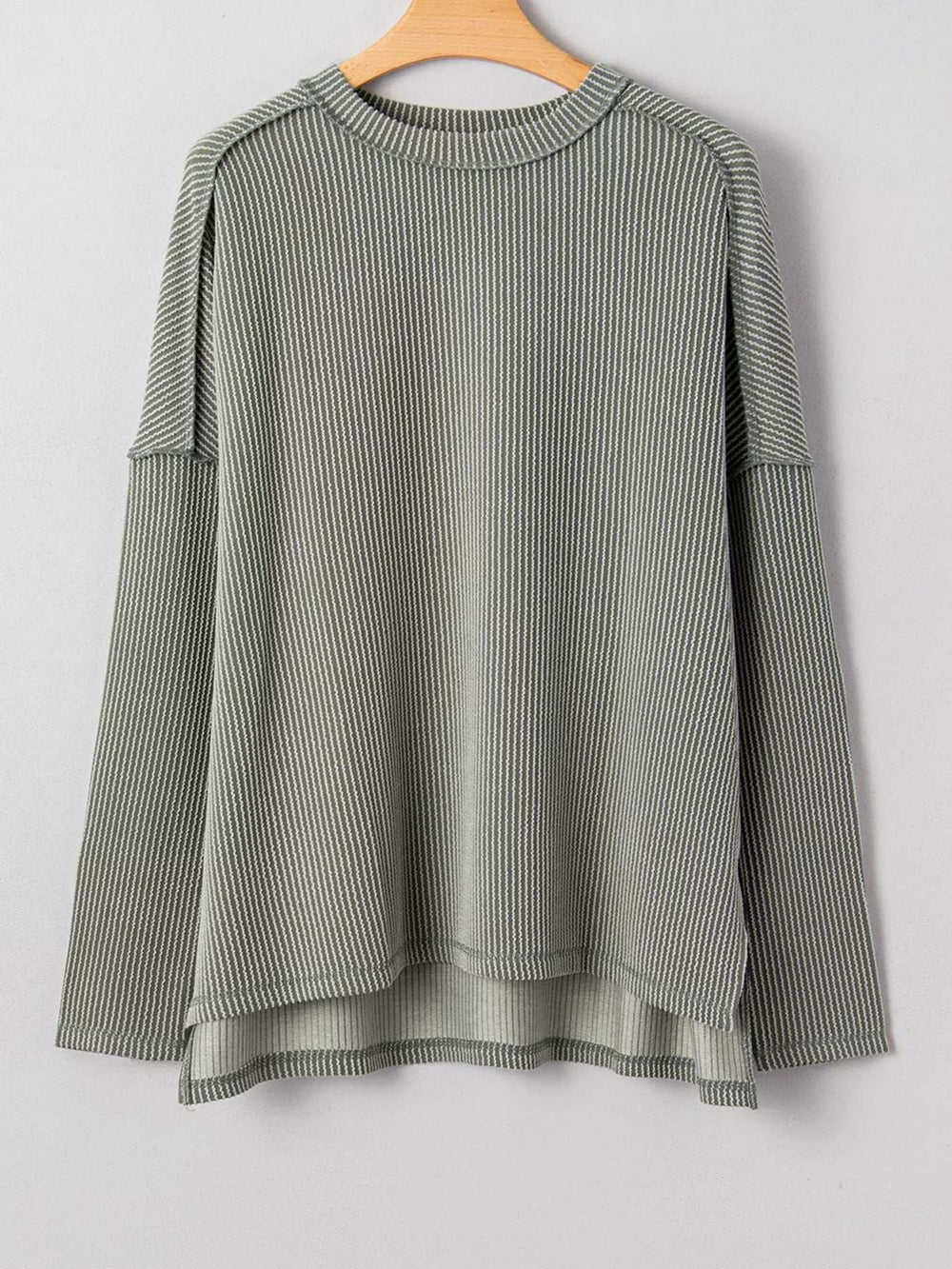 Twist Ribbed Exposed Seam Detail Long Sleeve Loose Top - Trendsi - Flyclothing LLC