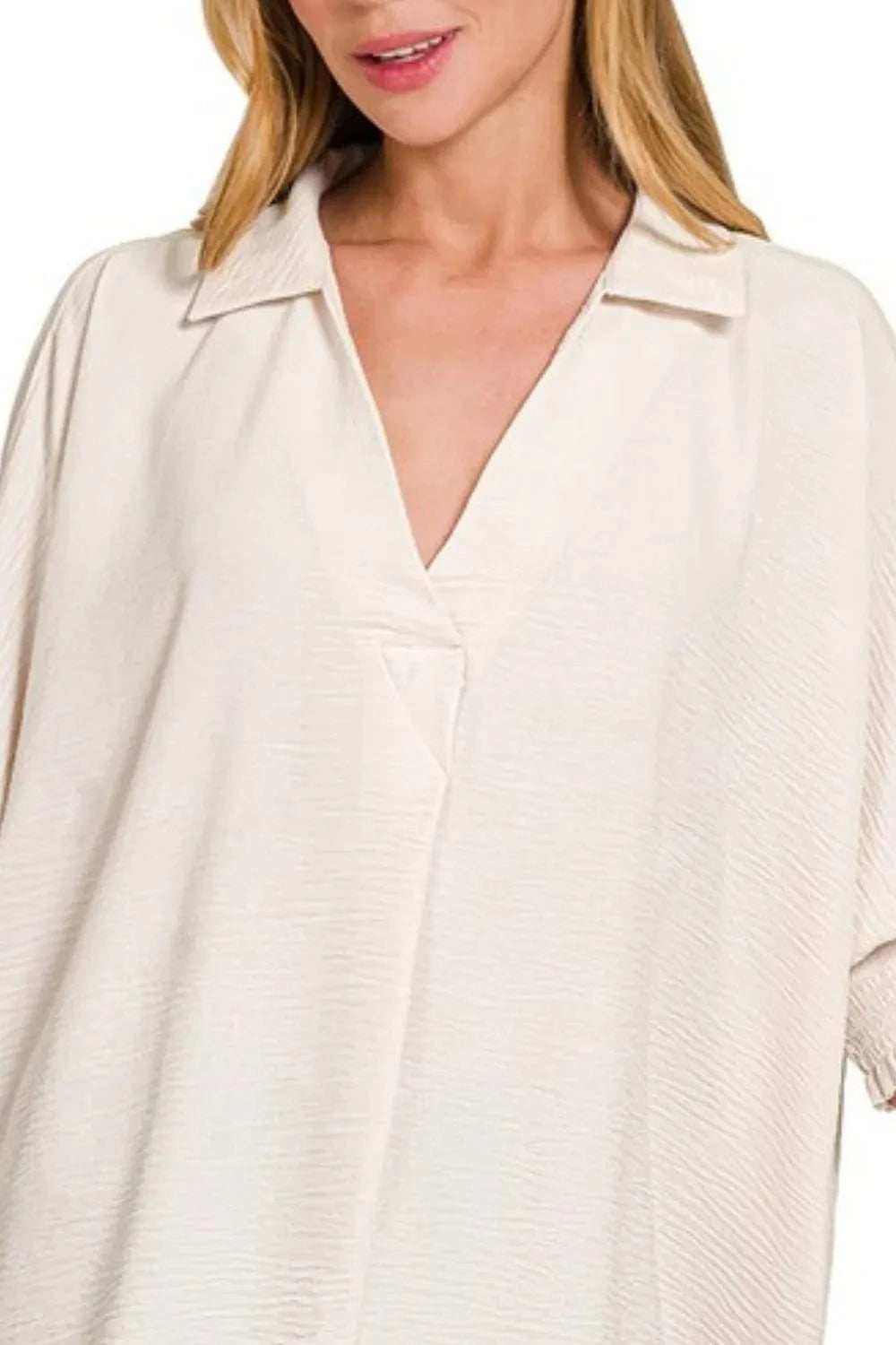 Zenana Airflow Collar Tee with Smocked Sleeve Band Top - Trendsi - Flyclothing LLC
