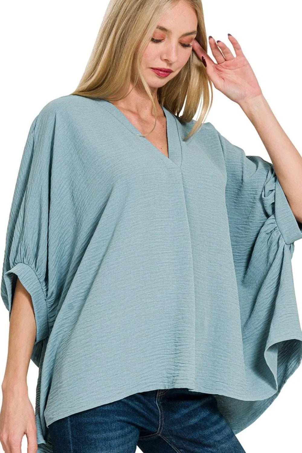 Zenana Woven Airflow V-neck Puff Half Sleeve Top - Trendsi - Flyclothing LLC
