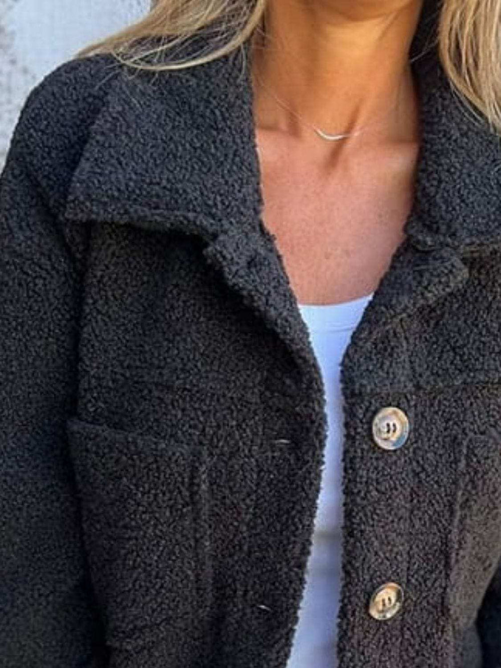 Full Size Fuzzy Button Up Drop Shoulder Jacket - Trendsi - Flyclothing LLC